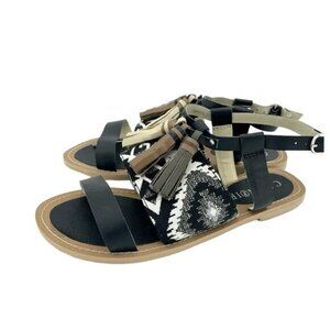 Cafe Noir Black Leather Tassels Strappy Flat Sandals Shoes SZ 36 EU 5.5  US NIB